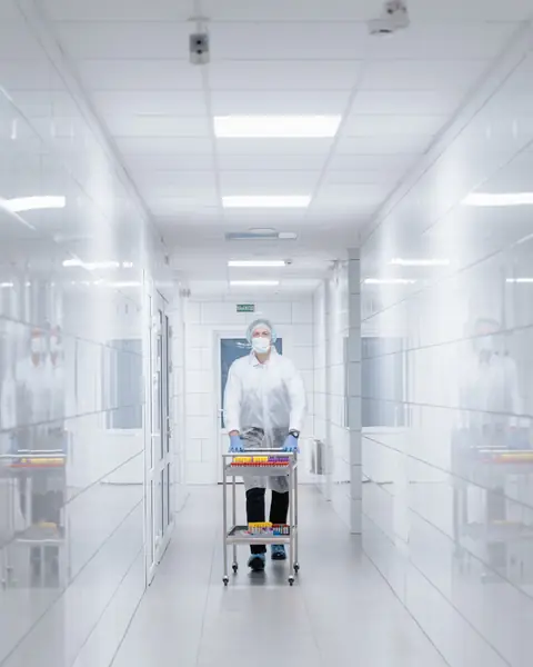 Gowned staff member with a stainless cart in a clean-room corridor